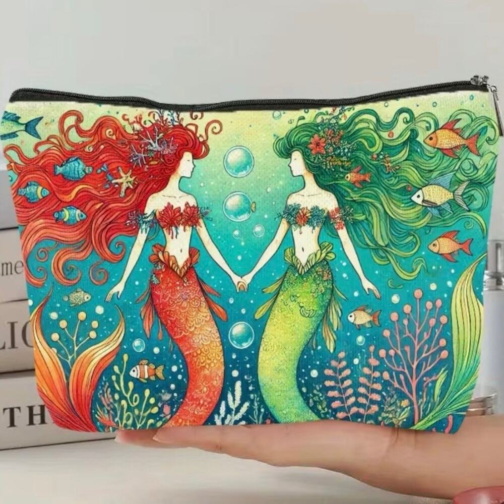 Mermaid Makeup Bag Purse Organizer or Clutch Whimsical Canvas Cosmetics Bag, New